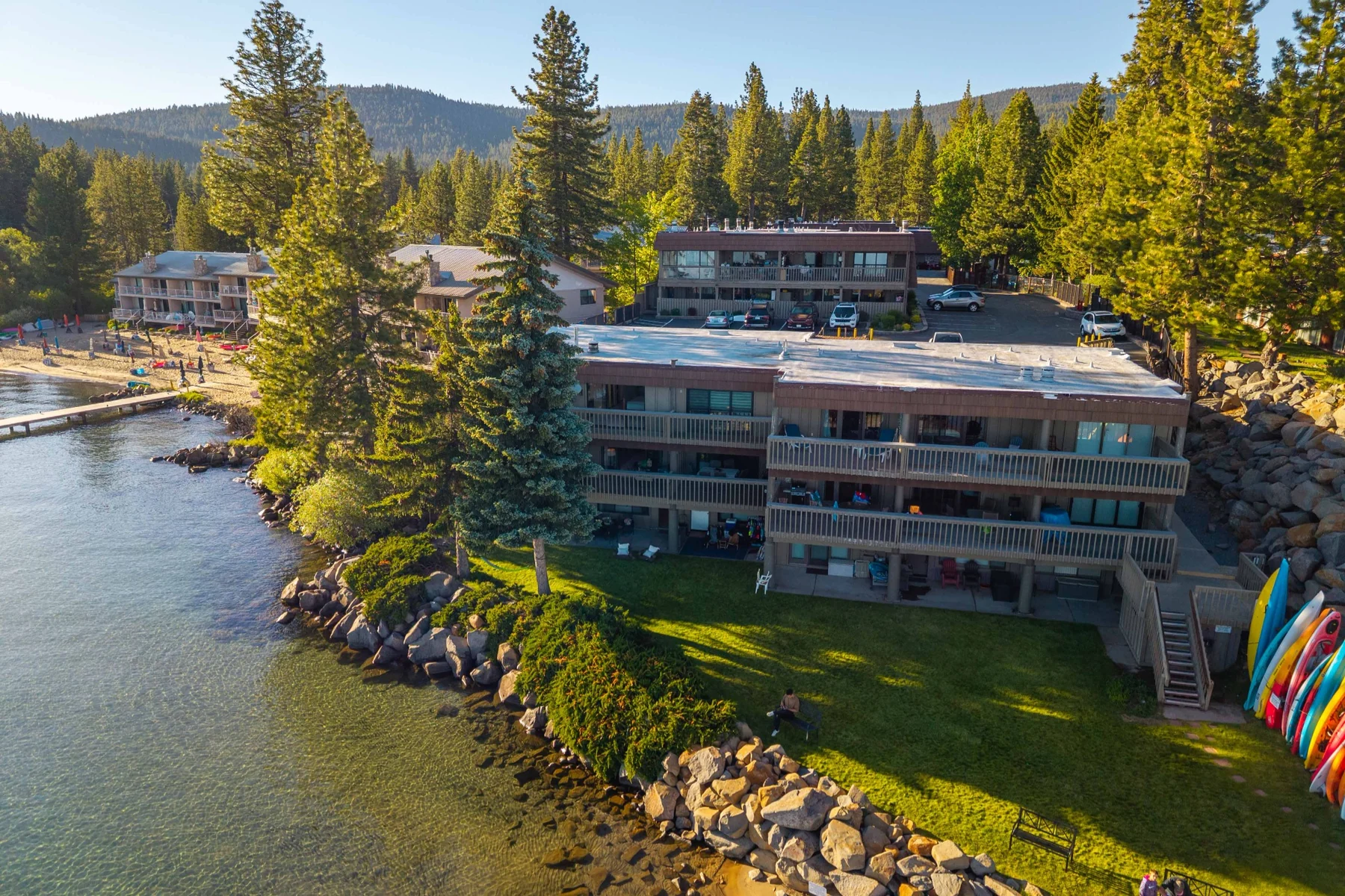 Lakefront aerial view of Chateau Chamonix and private shoreline