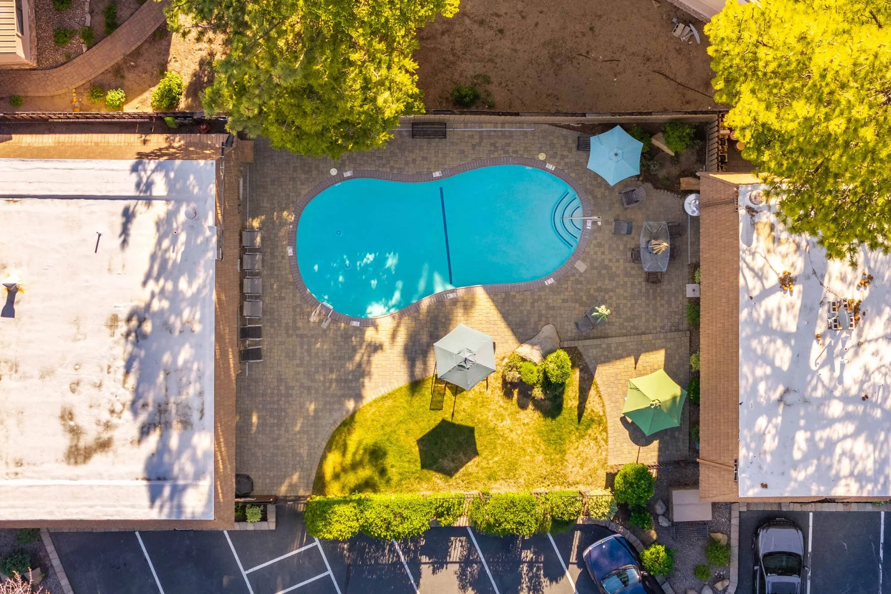 Top-down aerial view of community pool